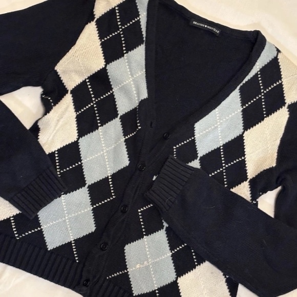 Brandy Melville Y2K Argyle Button Front V Neck Sweater Cardigan No SZ Tag Fits M - Picture 3 of 7